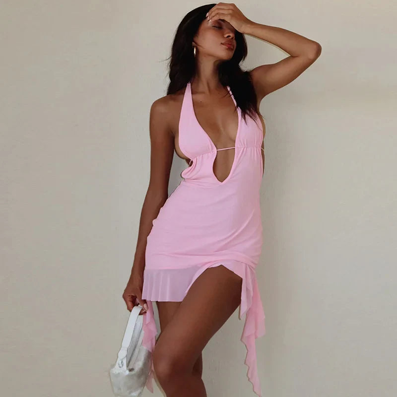 Deep V Neck Ruffle Mini Dress