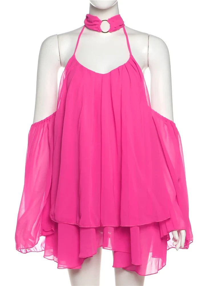 Frill Off-shoulder Long Sleeve Chocker Mini Dress