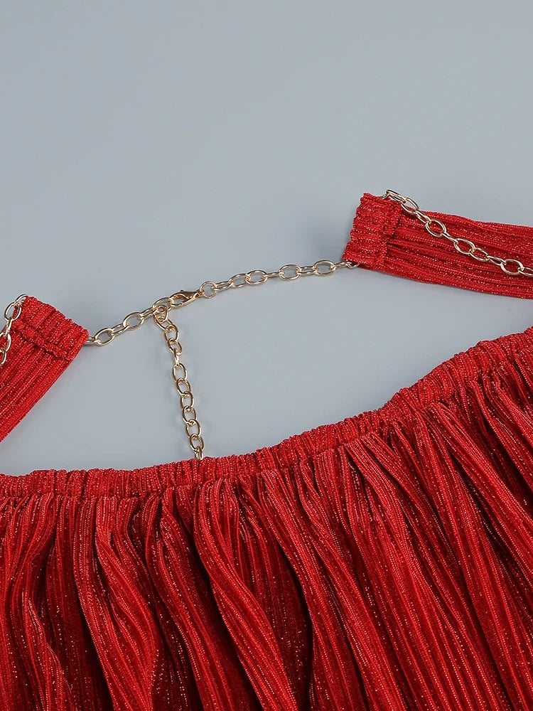 Red Pleated Halter Open Back Maxi Dress