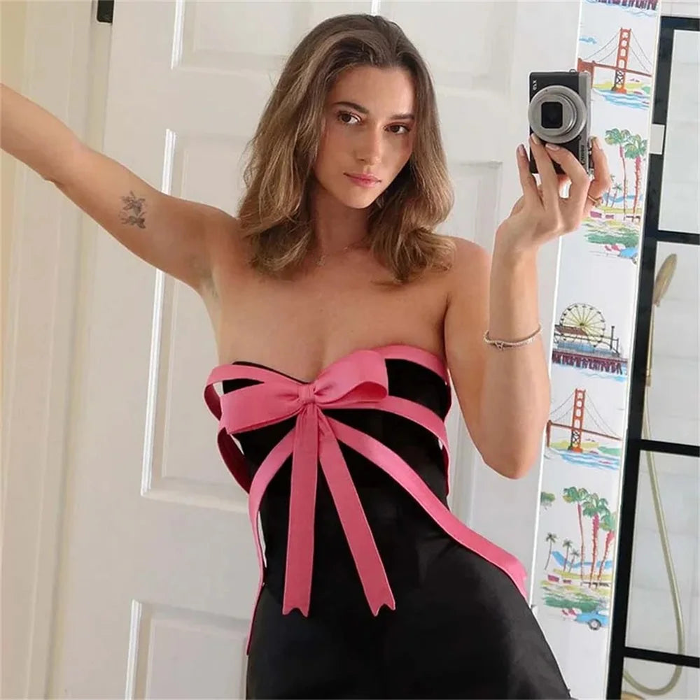 Black Bodycon Pink 3d Bow Bodysuit And Skirt Set