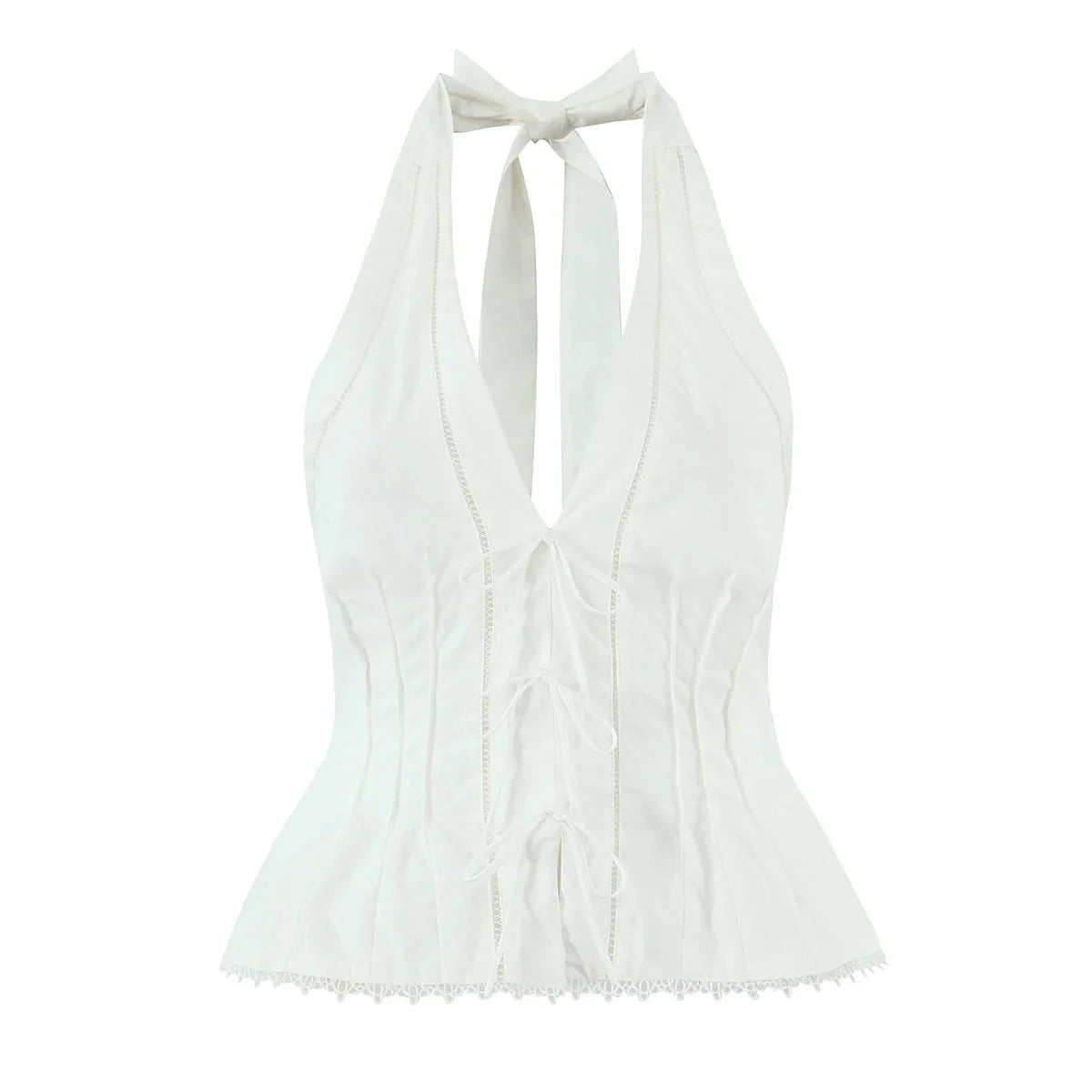 White Bow Halter V neck Button Top