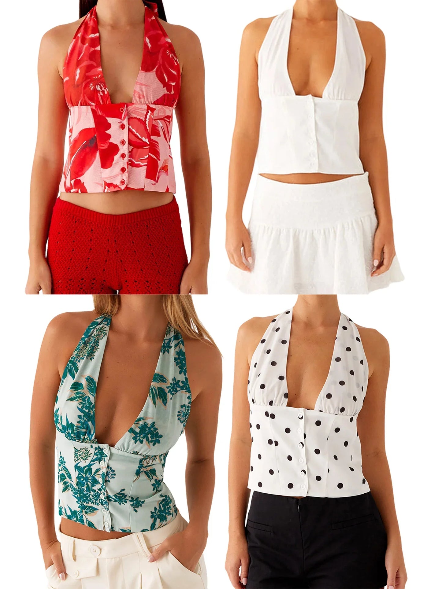 Printed Tie-up Halter Deep V-Neck Crop Top