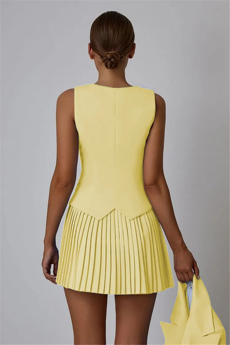 Solid V-neck Vest And Pleated Mini Skirt Set