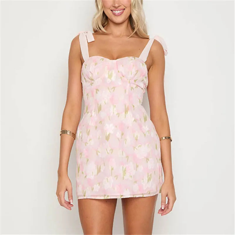 Pink Floral Tie Up Mini Dress - High Street Slim Fit