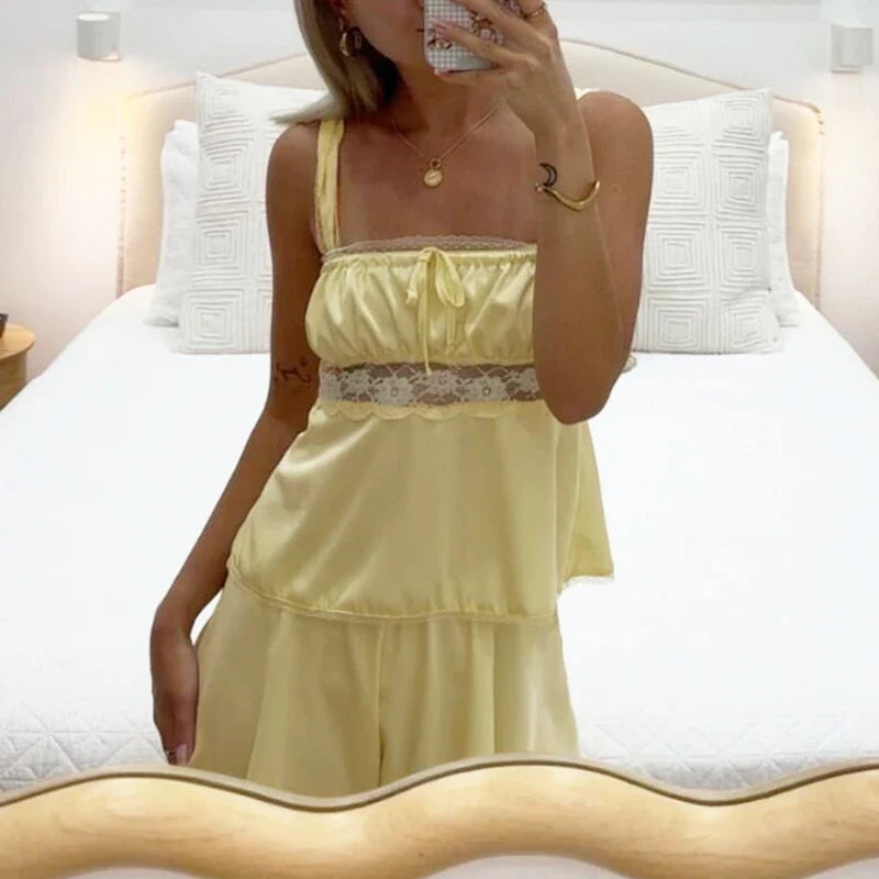 Babydoll Lace Trim Satin Pj Shorts And Square Neck Ruffles Tank Top Set