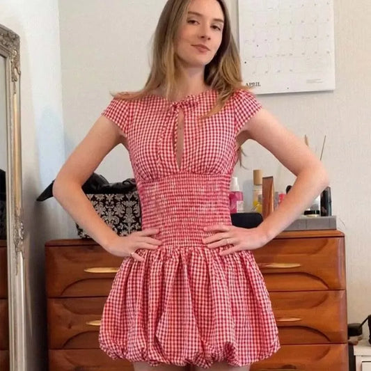 Red Plaid Puff Ruched Mini Dress