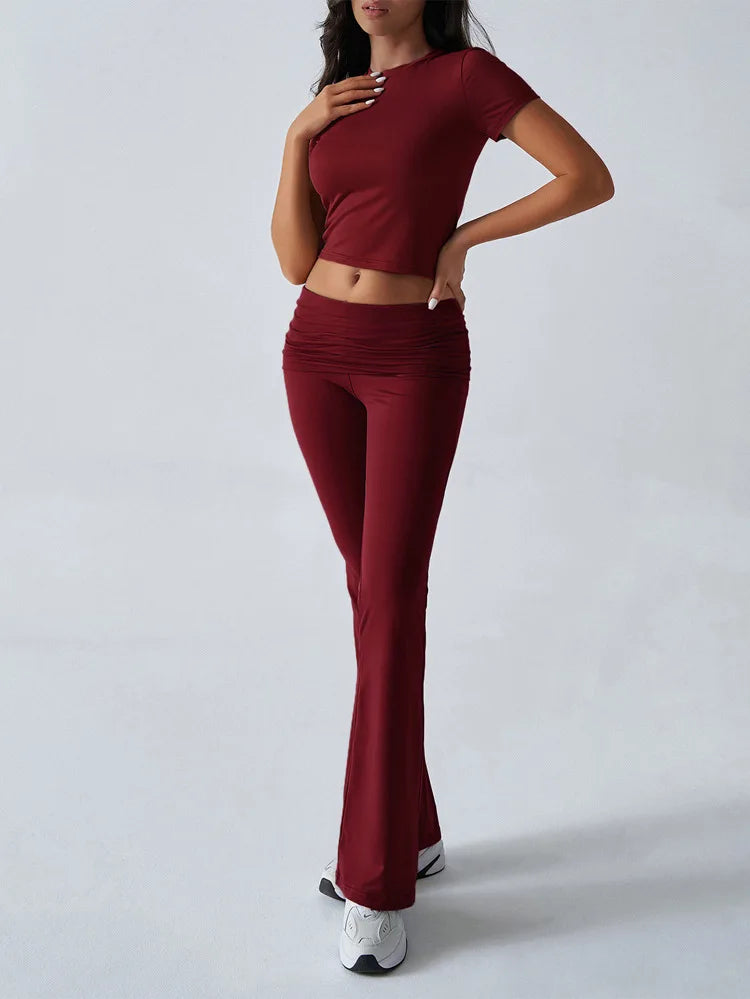 Slim Fit Two Piece Short Sleeve Top & Pant Set - Athleisure Workout Style