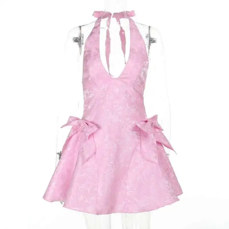 Pink Bow Jacquard A-line Halter Mini Dress