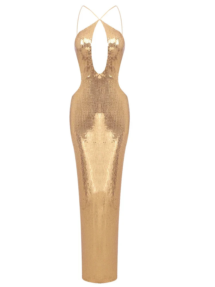 Sequin Cut Out Backless Strap Maxi Dress