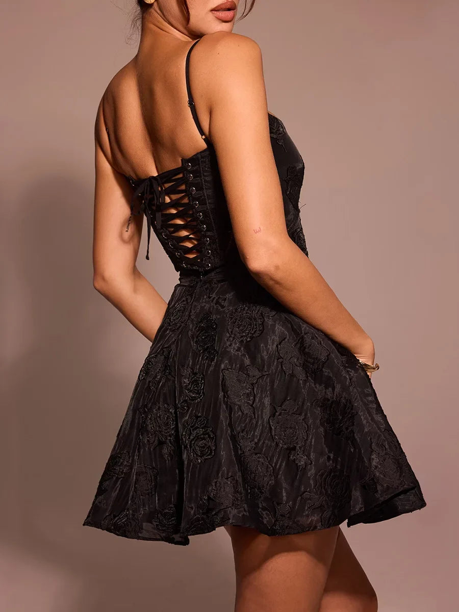 Jacquard Layered Lace Up Cami Mini Dress