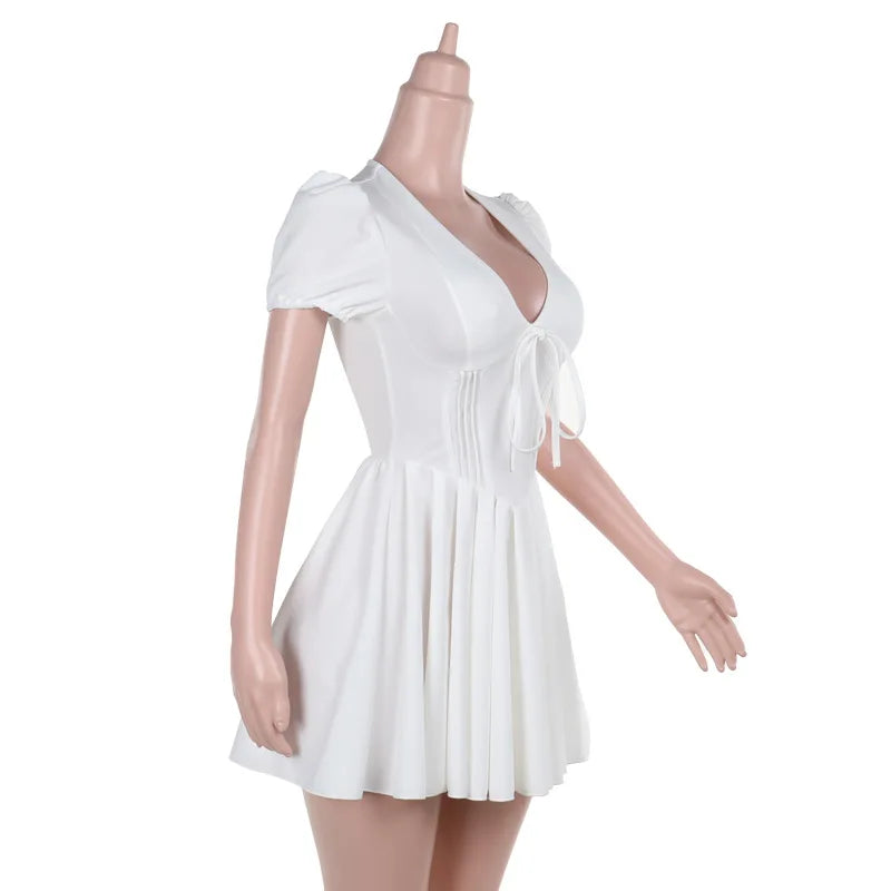 White V-neck Puff Sleeve Corset Mini Dress