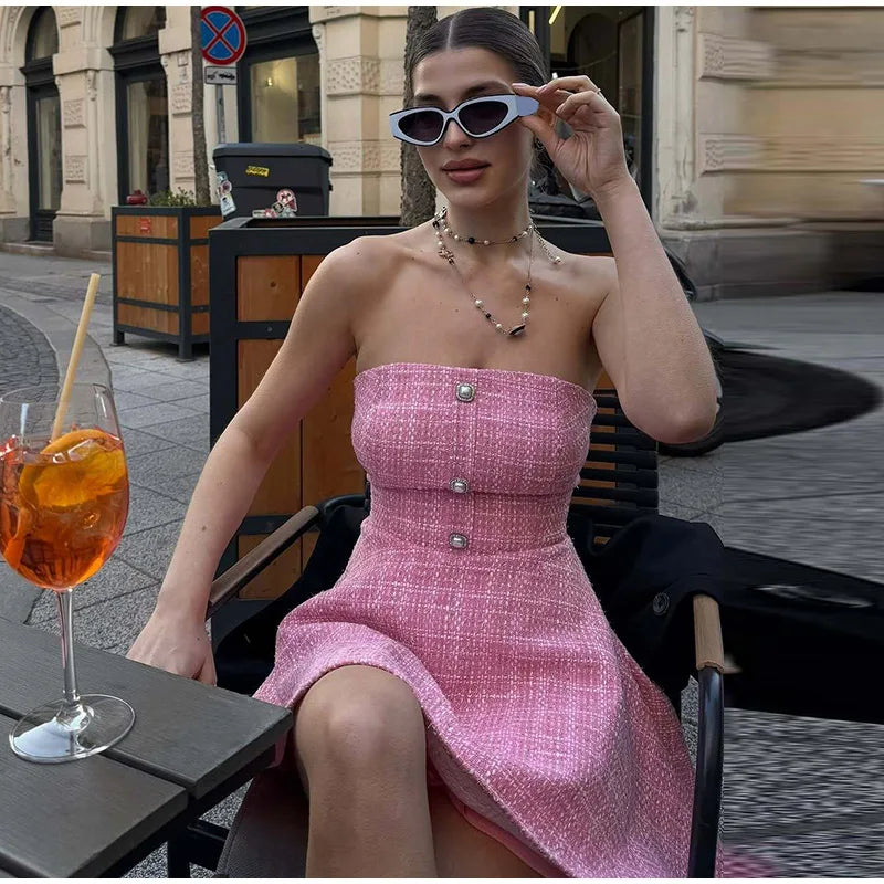 Tweed Strapless Buttoned Mini Dress