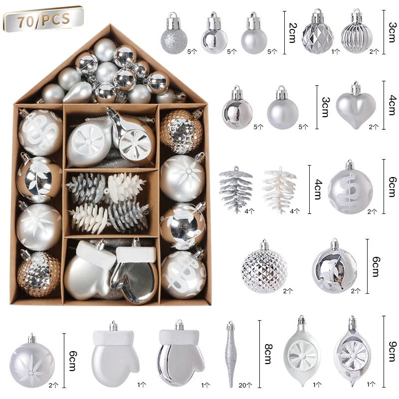70Pcs/box Christmas Tree Ball Ornaments Snowflake Snowman Star Hanging Pendants Noel Navidad Home Decoration  New Year Gift
