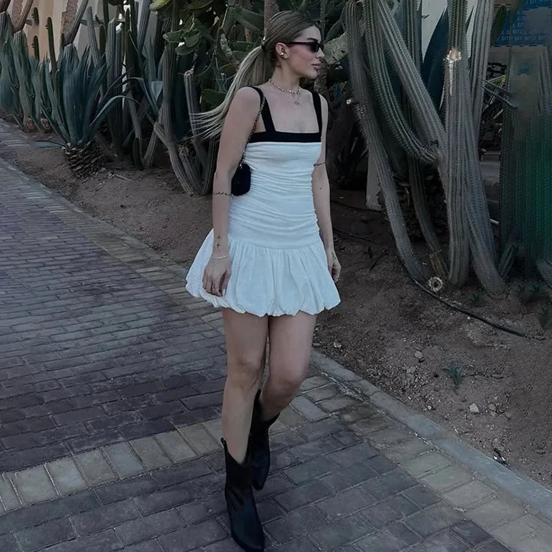 Ruched Puff White Textured Mini Dress