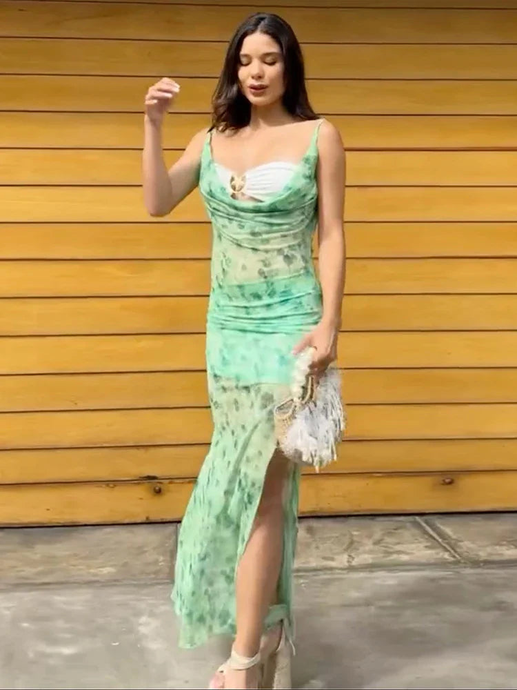 Floral Printed Mesh Bralette Maxi Dress