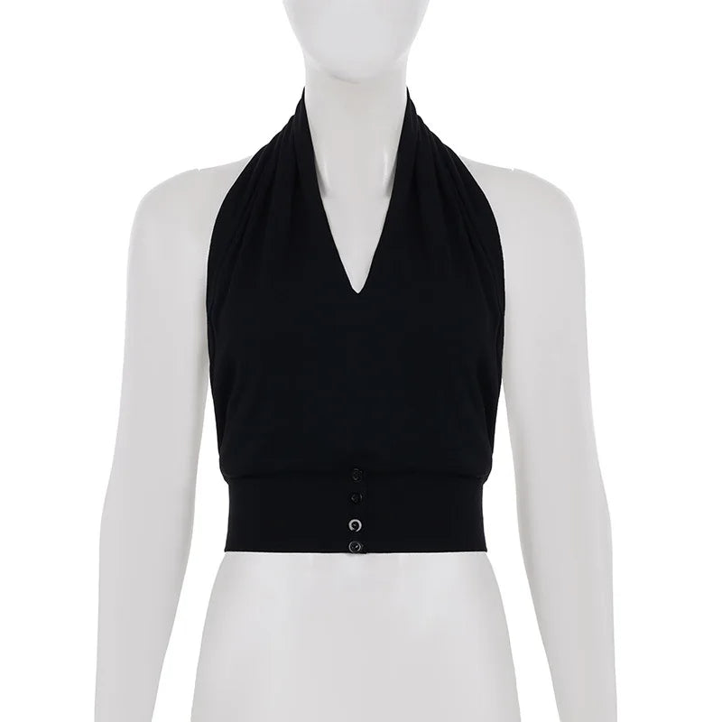 Black Halter Cowl Buttoned Crop Top