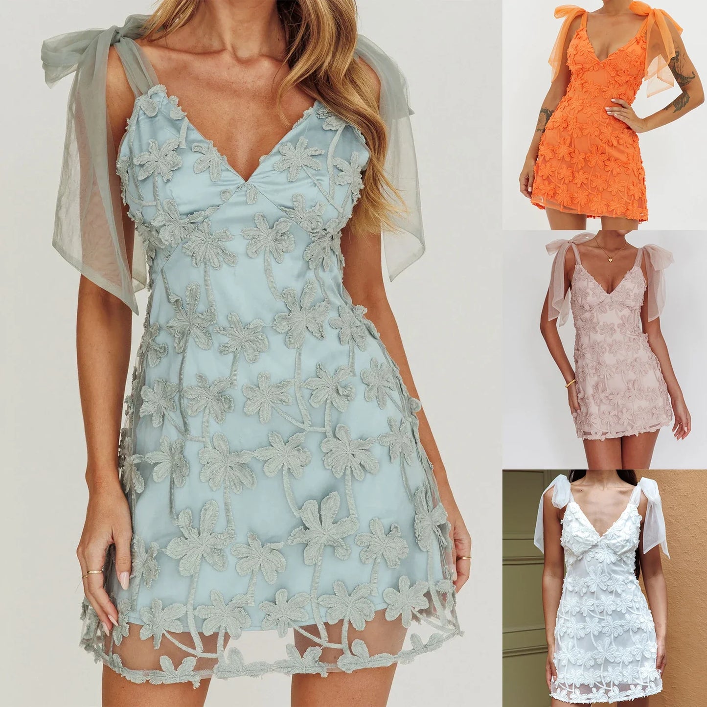 Sheer Strap Bow Tied Floral Pattern Embroidery Mini Dress