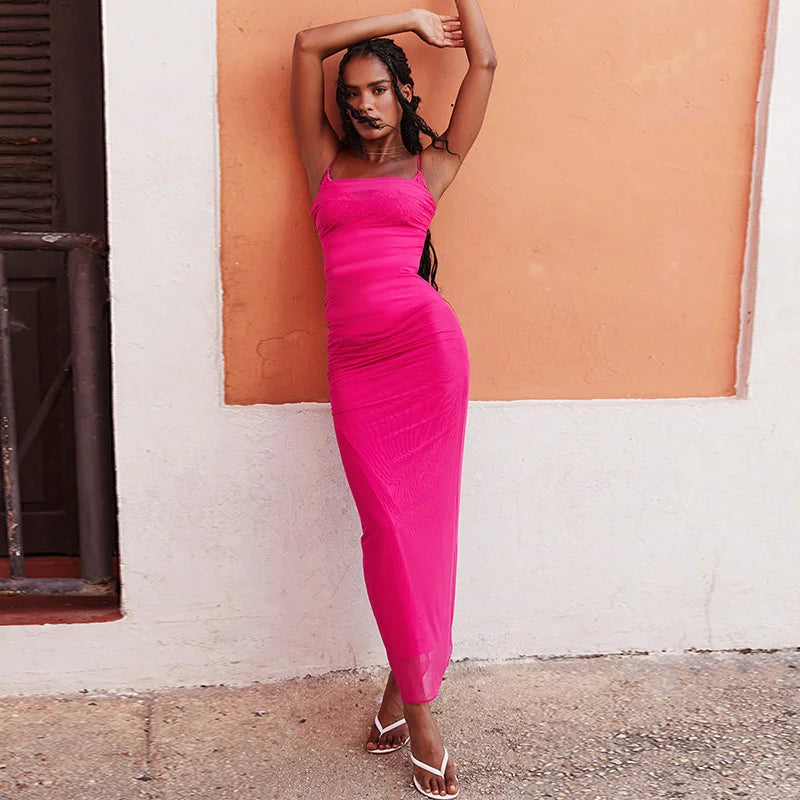 Mesh Pink Ruched Bodycon Strap Midi Dress