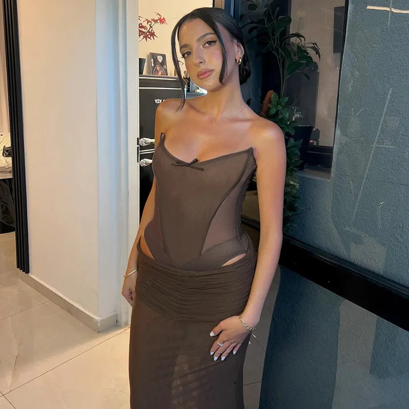 Brown Mesh Corset Bodysuit And Maxi Skirt Set