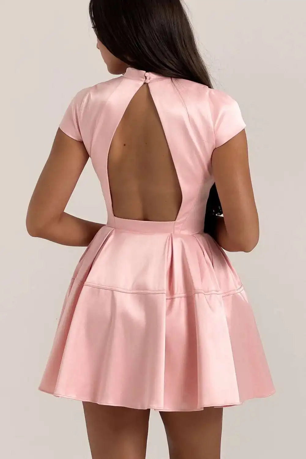 Pink Satin O Neck Cut Back Mini Dress