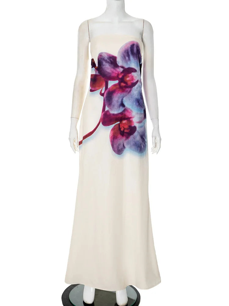Orchid Floral Print Strapless Straight Maxi Dress