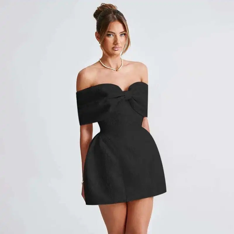 Large Bow Off Shoulder Jacquard Mini Dress