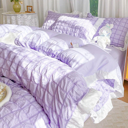 Luxury Seersucker Washed Cotton Bedding Set INS Girls Princess Bedding Set with Lace Solid color Bedclothes Sheets Pillowcase