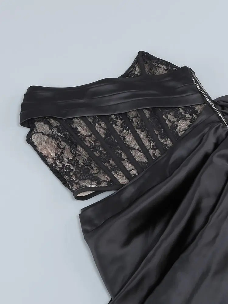 Lace Corset Cut Out Satin Draped Gloves Midi Dress