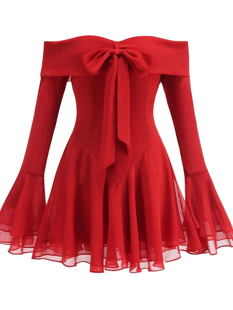Off-shoulder Long Flare Sleeve Bow Mini Dress
