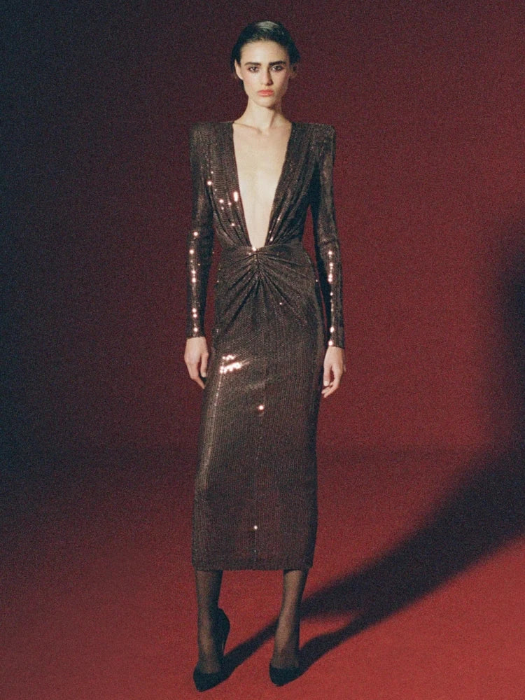 Brown Sequin Deep V Neck Long Sleeve Midi Dress