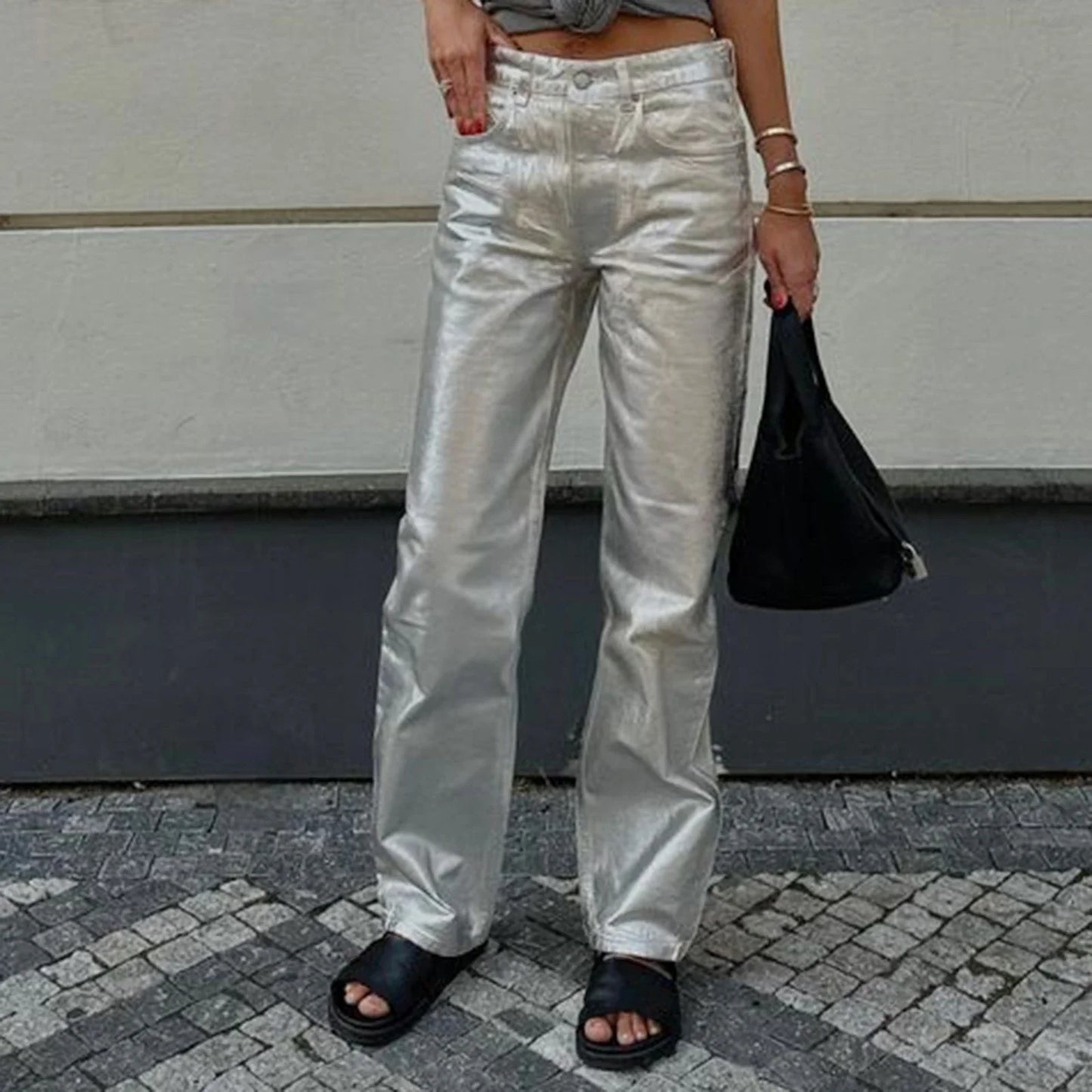 Metallic High Waist Denim Straight Leg Pants