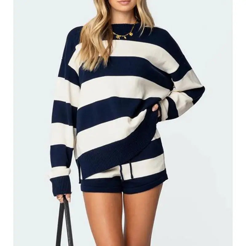 Knitwear Striped Long Sleeve Pullover And Drawstring Shorts