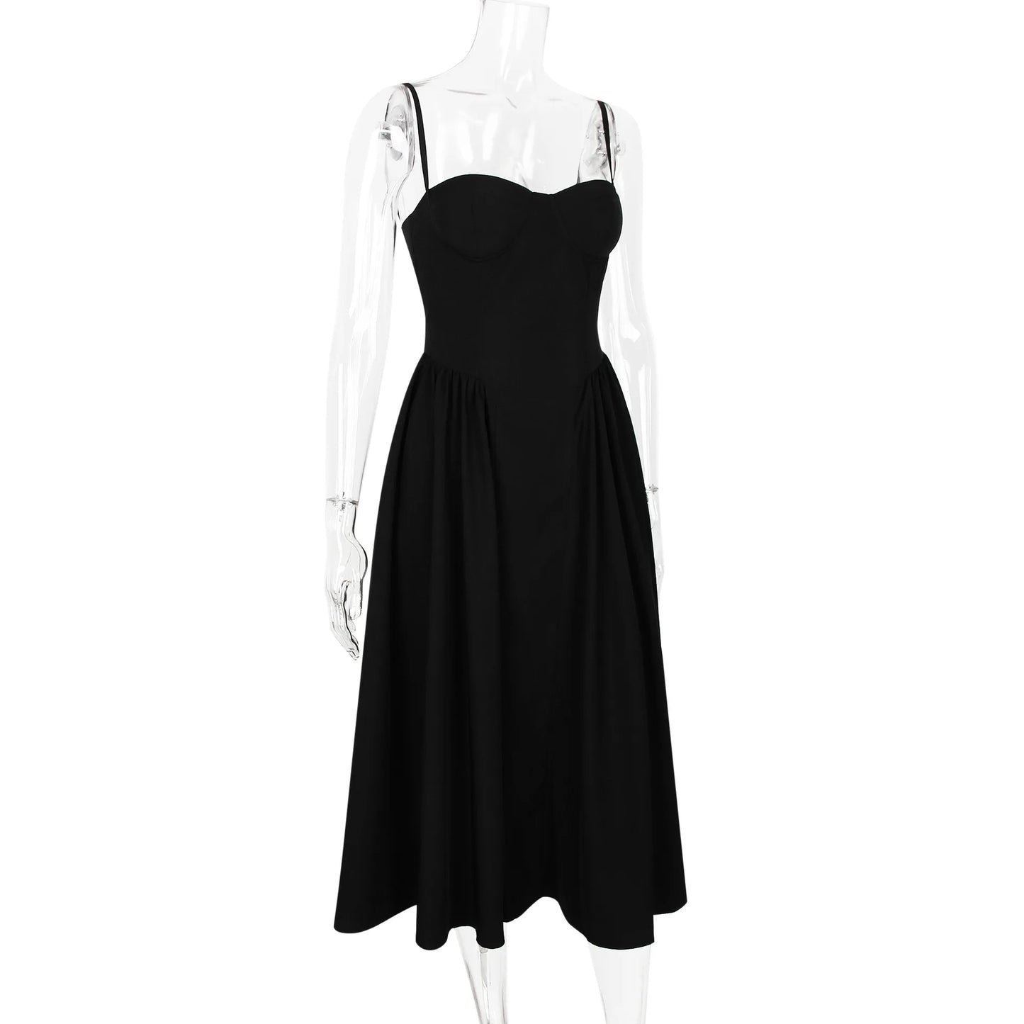 Solid Spaghetti Strap Bustier Pleated Midi Dress