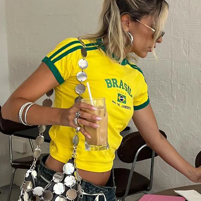 Brazil Flag Graphic Short Sleeve Crop Top - High Street Slim Fit