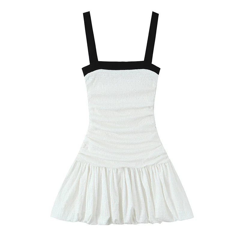 Ruched Puff White Textured Mini Dress
