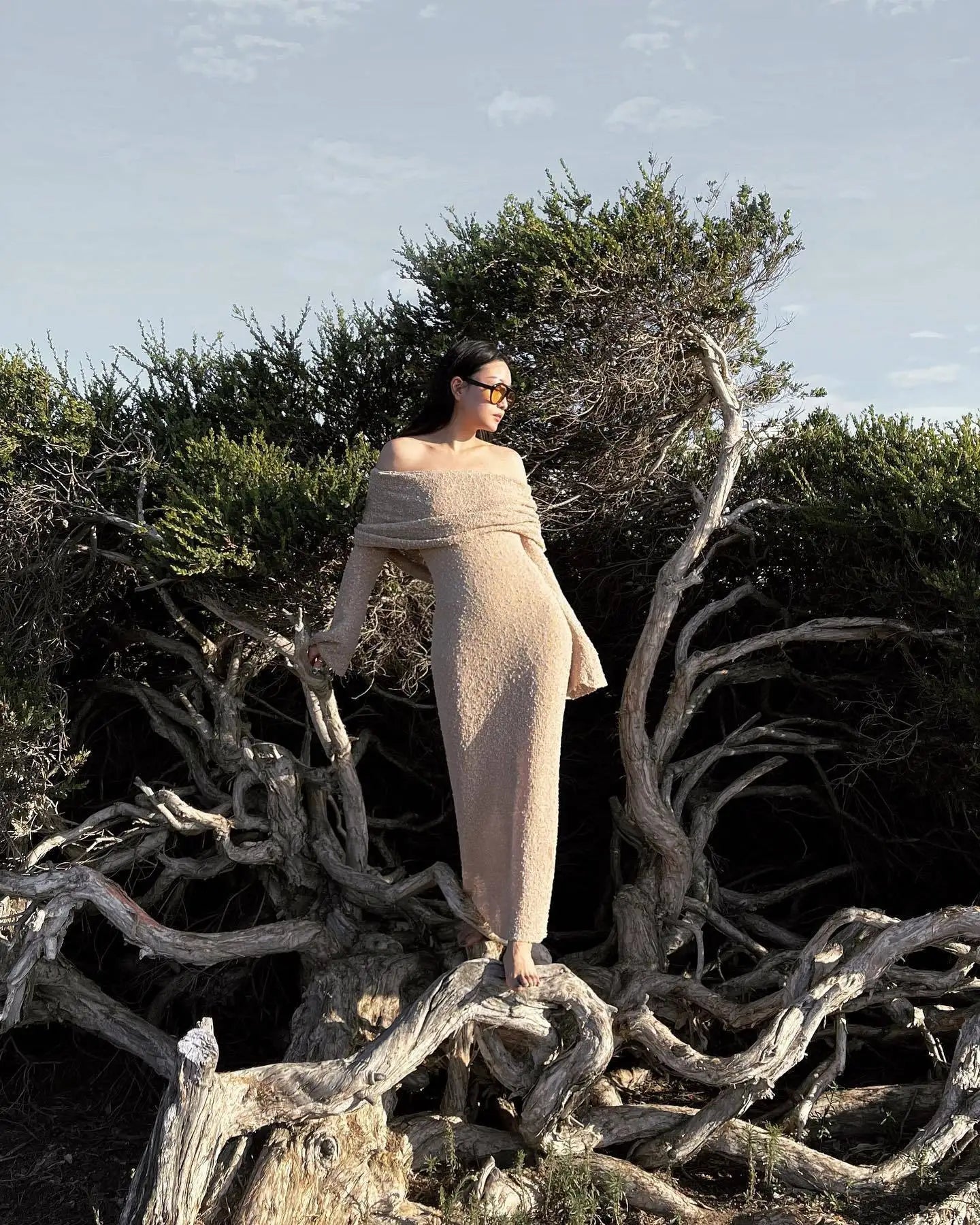 Knit Off-Shoulder Long Sleeve Maxi Dress