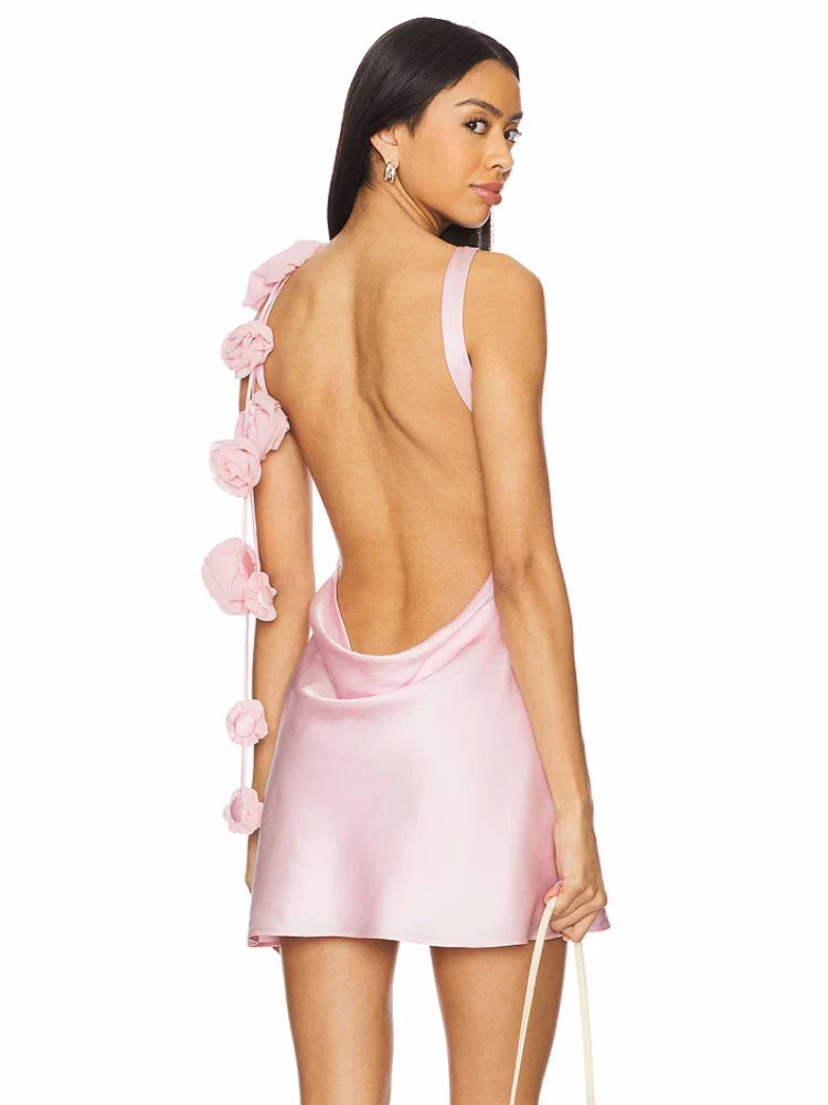 Flower Strap Backless Satin Mini Dress