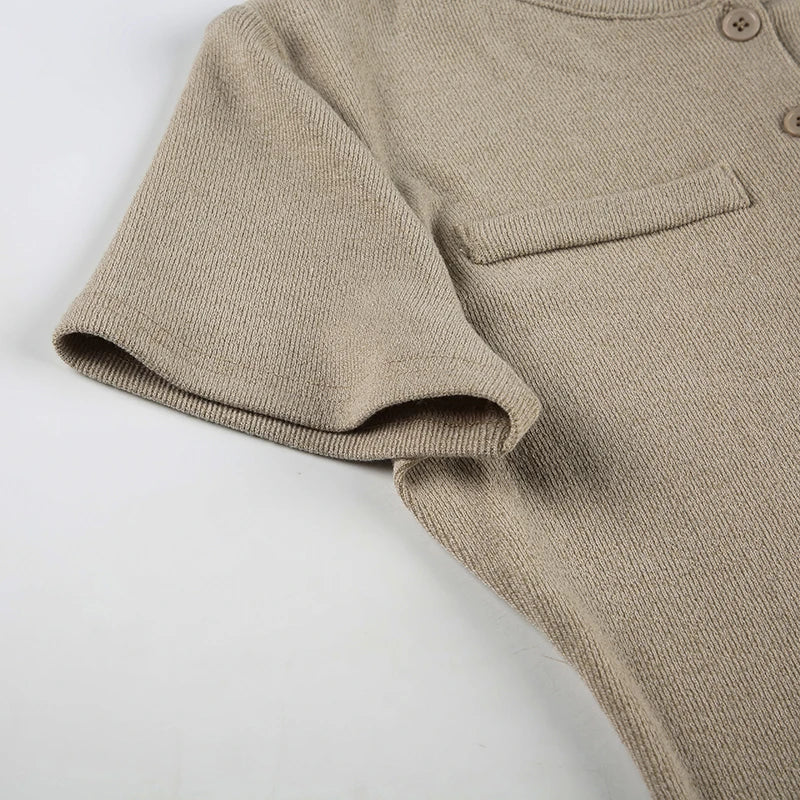 Knitted Short Sleeve Button A-Line Mini Dress
