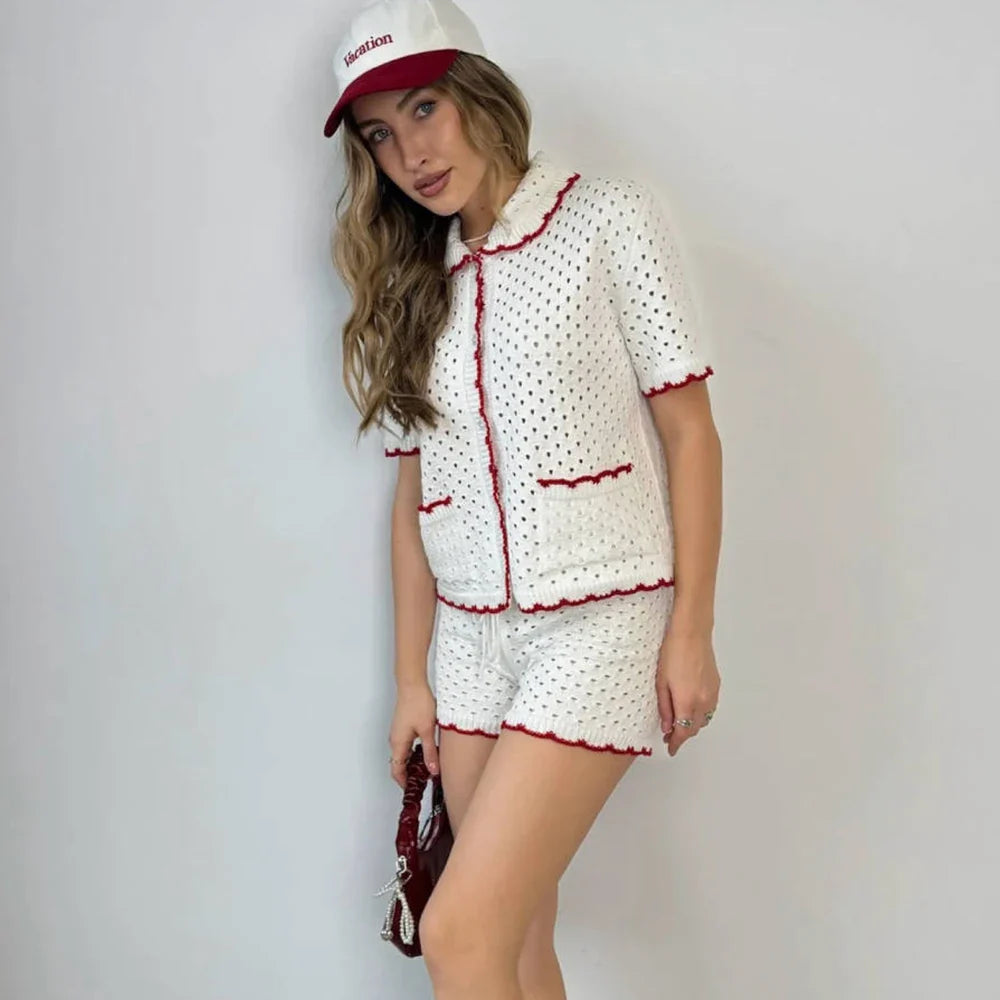 White Knitted Short Sleeve Top And Shorts Set