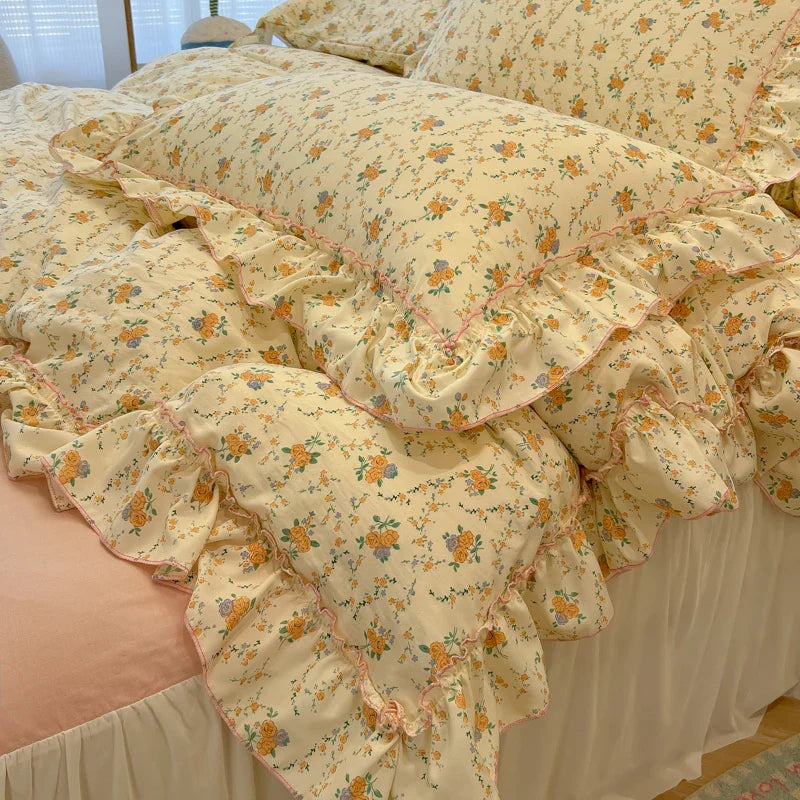 2/3Pc Korean Princess Style Floral Ruffles Bedding Set Single Queen Size Soft Skin-friendly Washed Cotton Duvet Cover Pillowcase