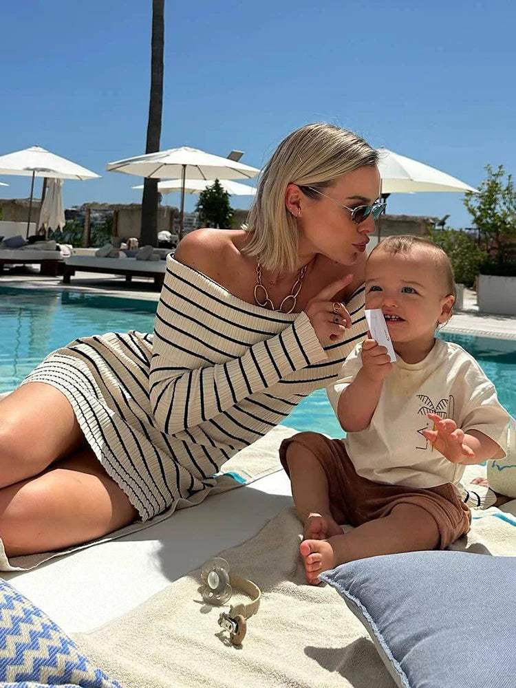 Striped Long Sleeve Knit Off-Shoulder Mini Dress