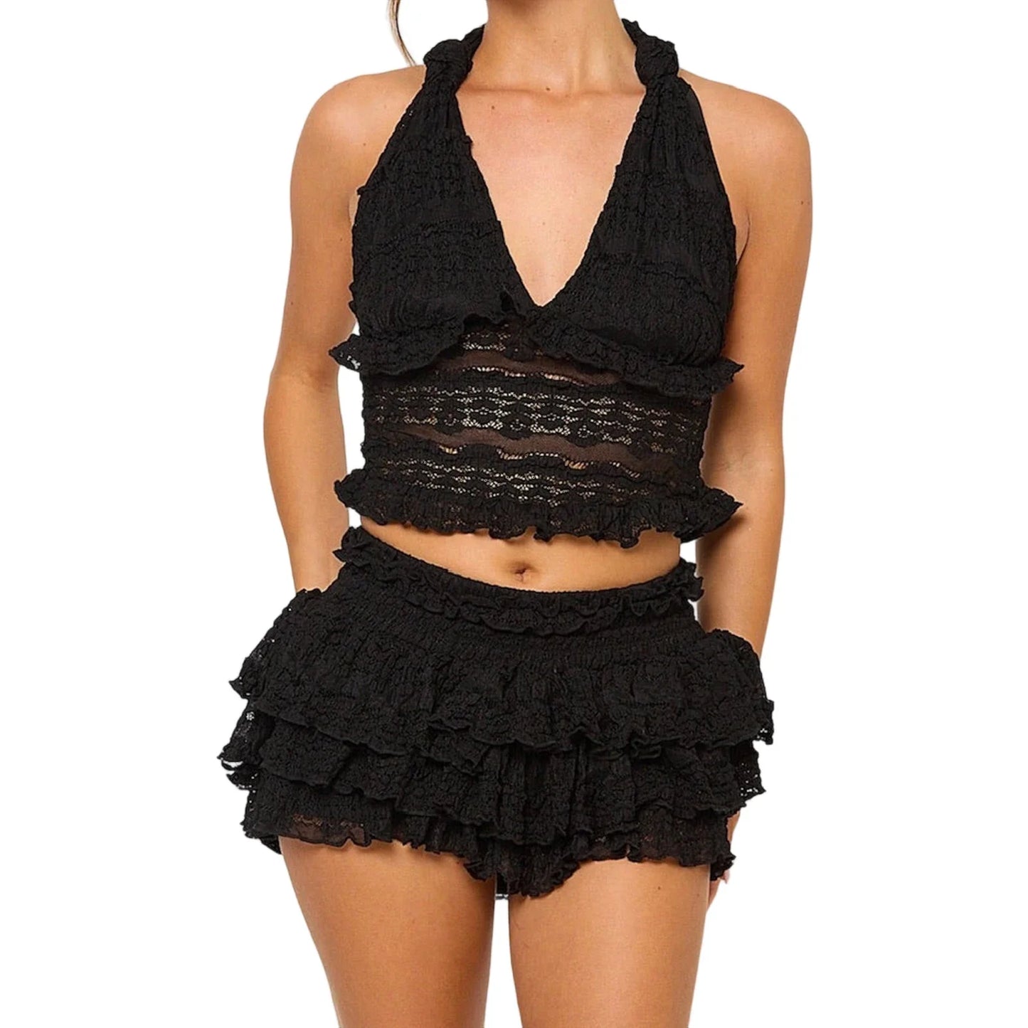 Lace Tie-up Halter Open Back Cami Tops And Mini Layered Skirt Set