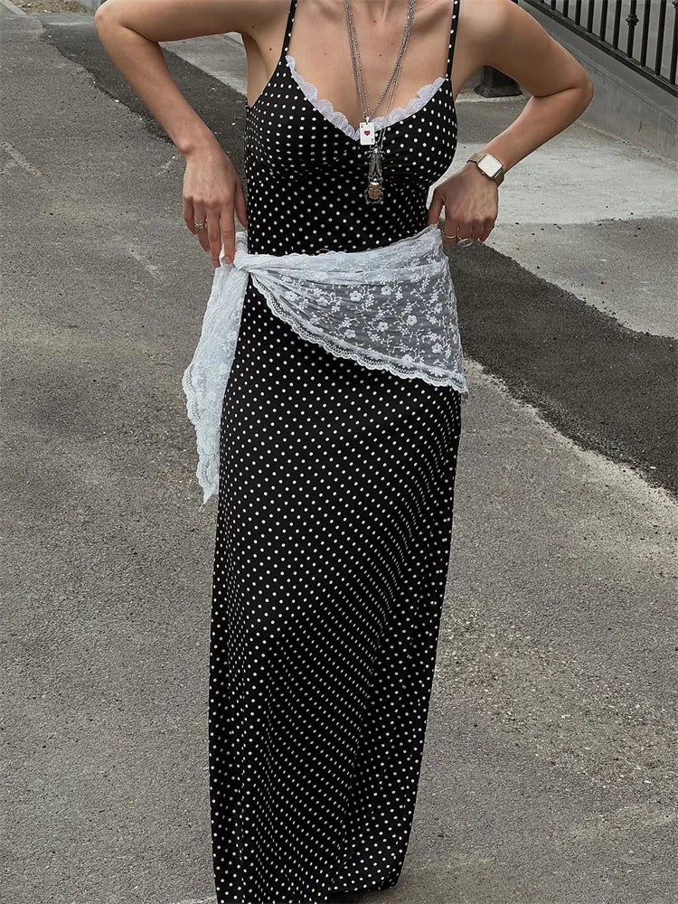 Black Polka Dot Lace Scarf Tie Up Wasit Maxi Dress