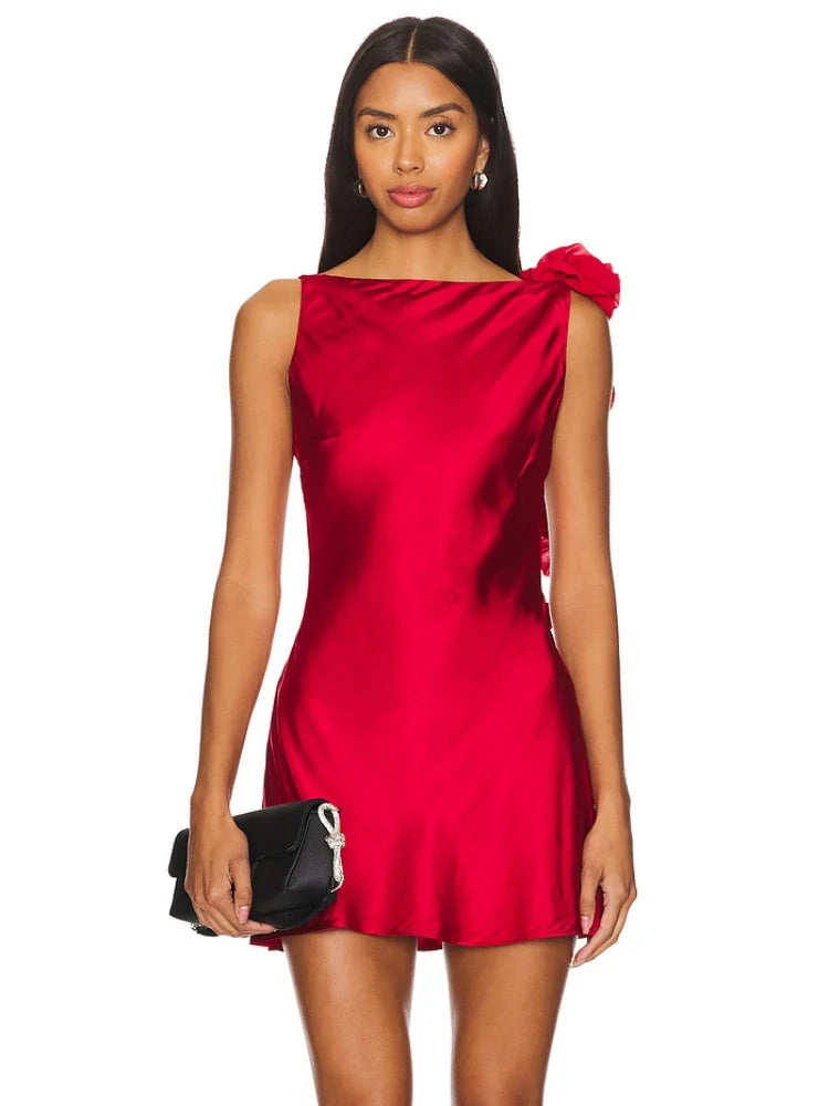 Flower Strap Backless Satin Mini Dress