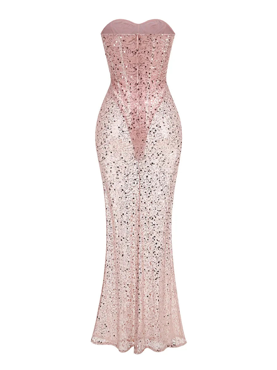 Pink Sequin Bodycon Mesh Maxi Dress