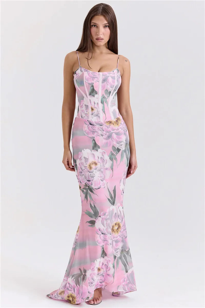 Pink Printed Corset Maxi Dres