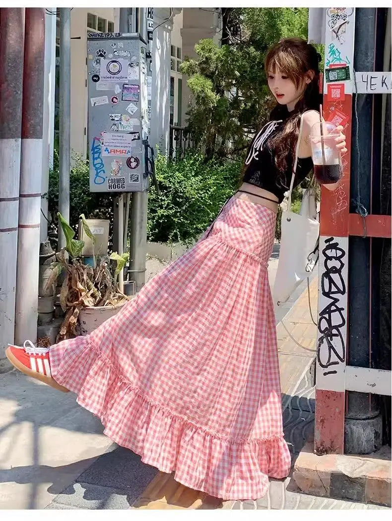 Pink Checkered Long Skirt - Casual A-Line