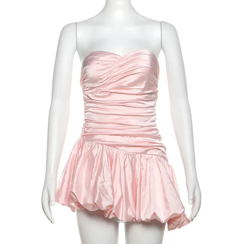 Satin Ruched Puff Mini Dress
