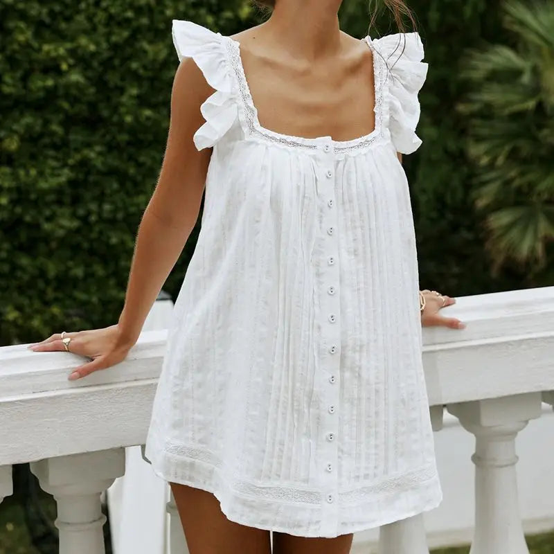 White Frill Trim Square Neck Mini Pleated Dress