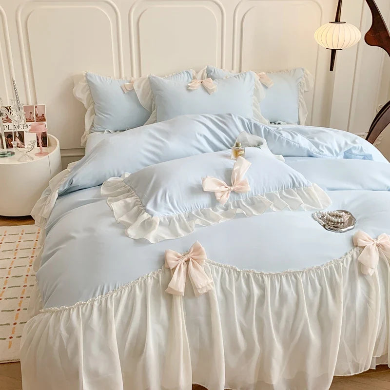 Korean Princess Style Bedding Sets Ruffle Lace Bow Quilt Cover Romantic Bedclothes Decor Woman Girls Bedroom/ Bedding Set